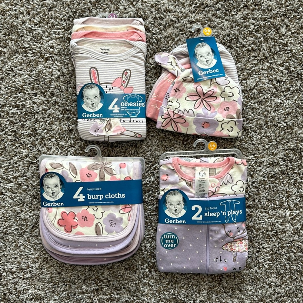 Gerber set of 4 onesies, set of 4 hats, set of 4 burp cloths, set of 2 pajamas